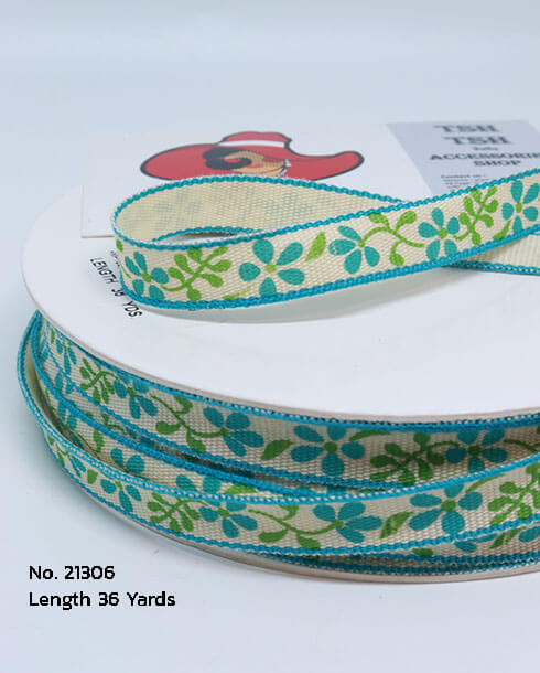 10 mm. Flower Printed Cotton Ribbon 36 Yard, Blue Color