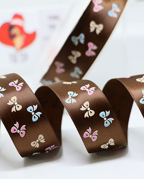1 Inch Silk Ribbon with Bow Printed Brown Color 13#