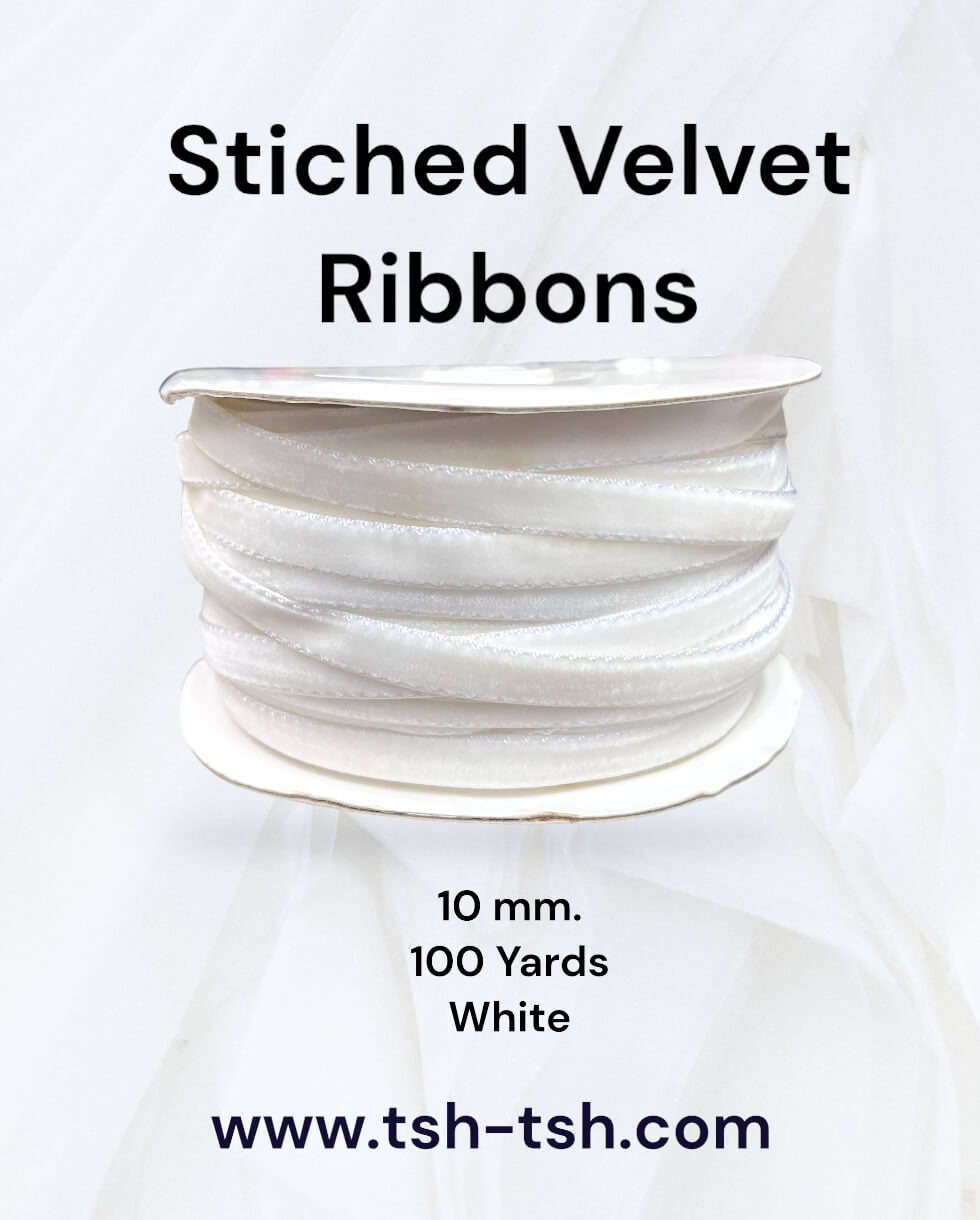 Stiched Velvet Ribbon 10 mm. White Color