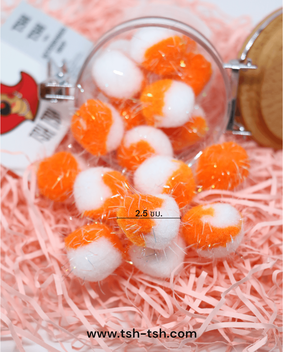 Glitter Pom Pom Ball size 2.5 cm. Two Tone Color White and Orange