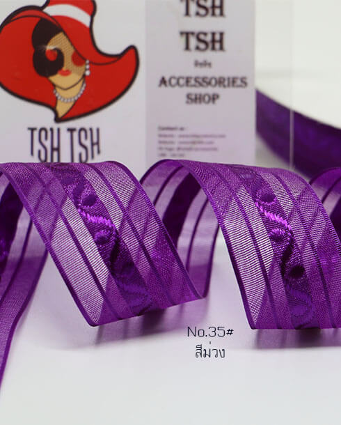 1 Inch Organza Ribbon Thai Pattern Dark Purple Color No.35#